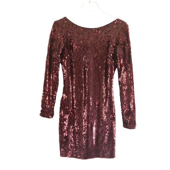Dress The Population Sequined Long Sleeve Dress Maroon Burgundy Size Small - Picture 1 of 7